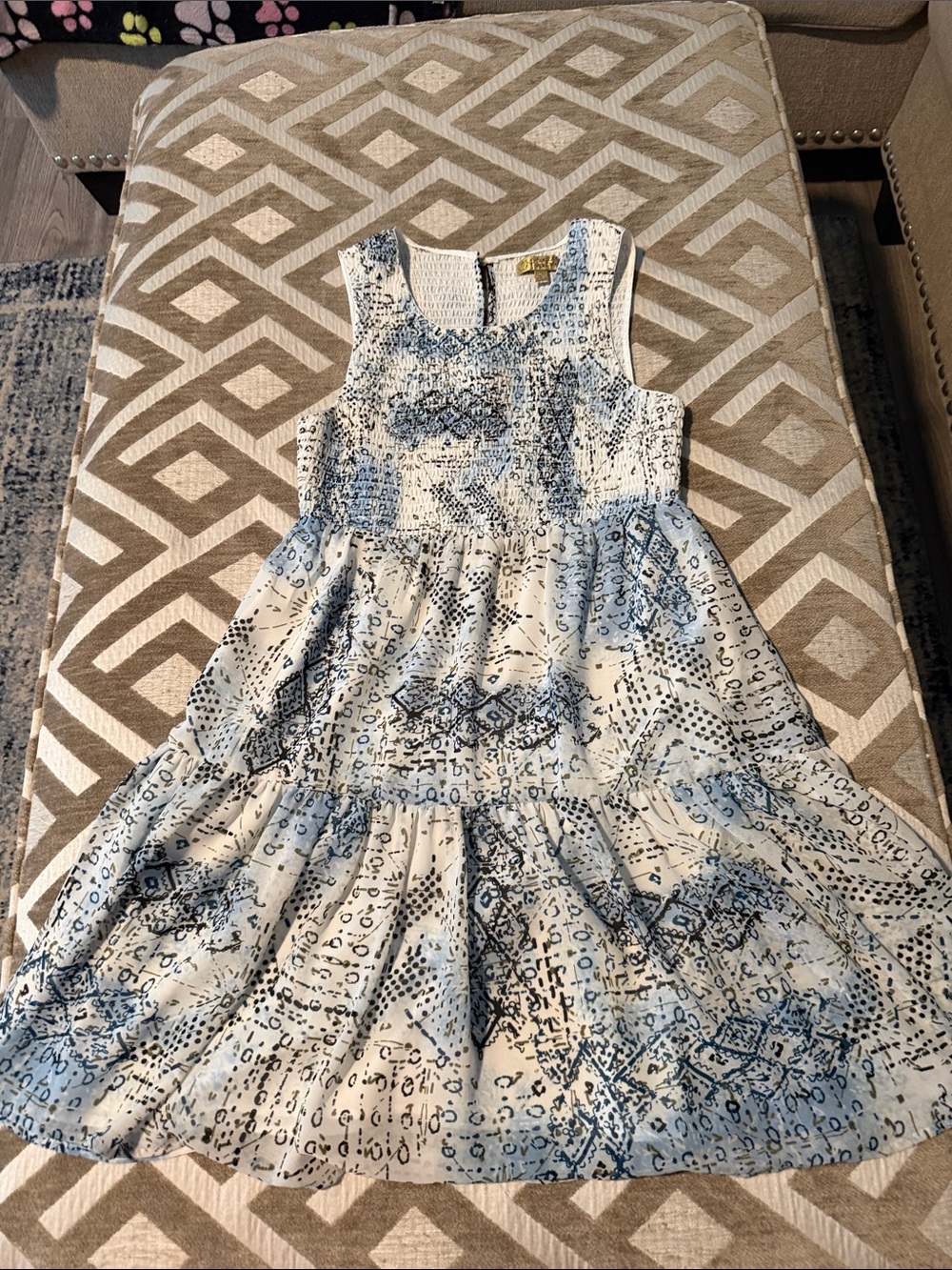 Blue and White Printed Tiered Dress
